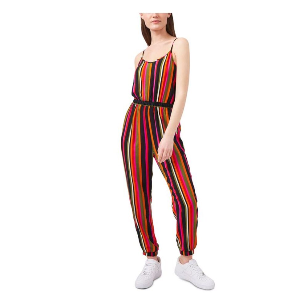 RILEY&RAE Womens Black Striped Spaghetti Strap V Neck Straight leg Jumpsuit M